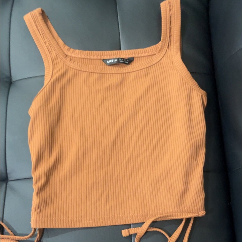 SHEIN Orange Ribbed Tie Front Crop Tank Top